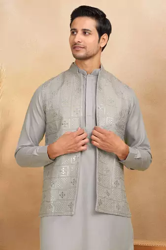 Cotton grey kurta and trouser with embroidered grey nehru jacket