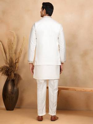 Cotton silk embroidered cream kurta and trouser with floral embroidered cream nehru jacket 3
