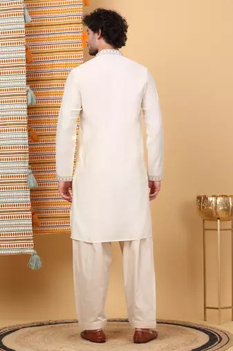 Men cream cotton silk ethnic motifs embroidered kurta