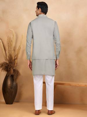 Cotton grey kurta and trouser with embroidered grey nehru jacket 3