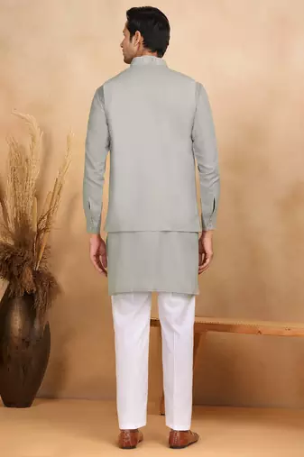 Cotton grey kurta and trouser with embroidered grey nehru jacket