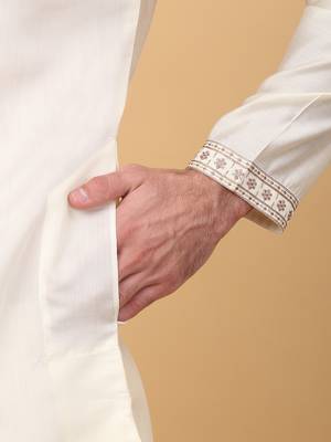 Men cream cotton silk ethnic motifs embroidered kurta 4