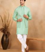 Cotton green kurta and trouser with embroidered green nehru jacket
