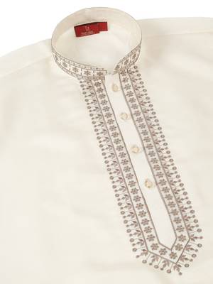 Men cream cotton silk ethnic motifs embroidered kurta 5