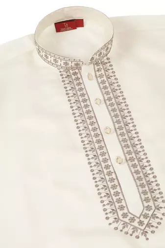 Men cream cotton silk ethnic motifs embroidered kurta