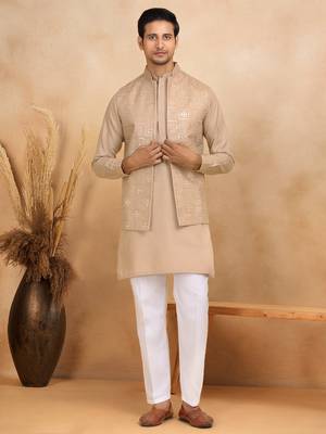 Cotton beige kurta and trouser with embroidered beige nehru jacket 1