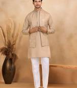 Cotton beige kurta and trouser with embroidered beige nehru jacket