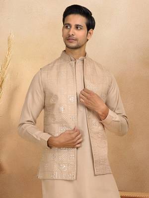 Cotton beige kurta and trouser with embroidered beige nehru jacket 2