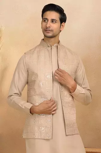 Cotton beige kurta and trouser with embroidered beige nehru jacket