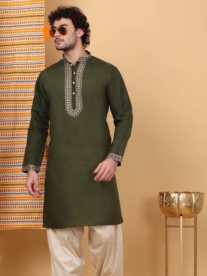 Men olive green cotton silk ethnic motifs embroidered kurta 1