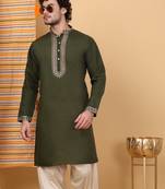 Men olive green cotton silk ethnic motifs embroidered kurta