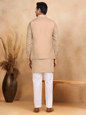 Cotton beige kurta and trouser with embroidered beige nehru jacket 3