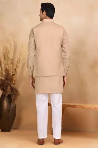 Cotton beige kurta and trouser with embroidered beige nehru jacket