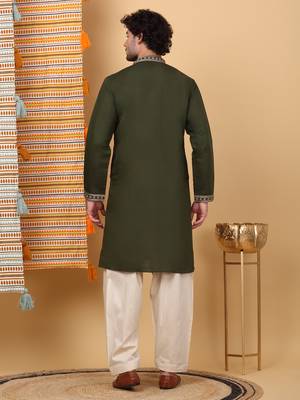 Men olive green cotton silk ethnic motifs embroidered kurta 3