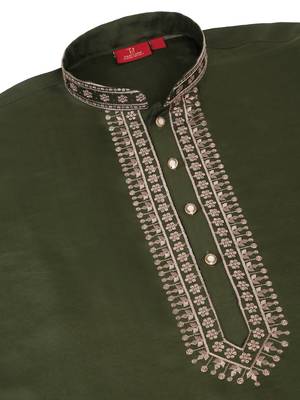 Men olive green cotton silk ethnic motifs embroidered kurta 4