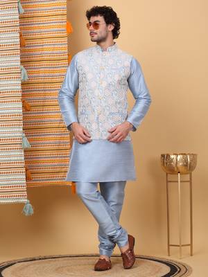 Silk blend sky blue kurta and churidar with embroidered light blue nehru jacket 1