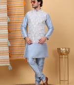 Silk blend sky blue kurta and churidar with embroidered light blue nehru jacket