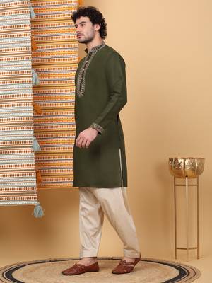 Men olive green cotton silk ethnic motifs embroidered kurta 5