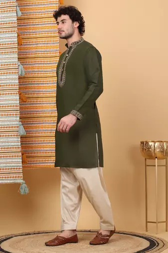 Men olive green cotton silk ethnic motifs embroidered kurta