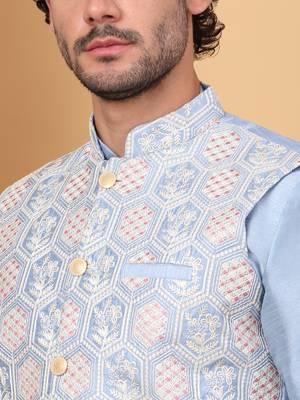 Silk blend sky blue kurta and churidar with embroidered light blue nehru jacket 2