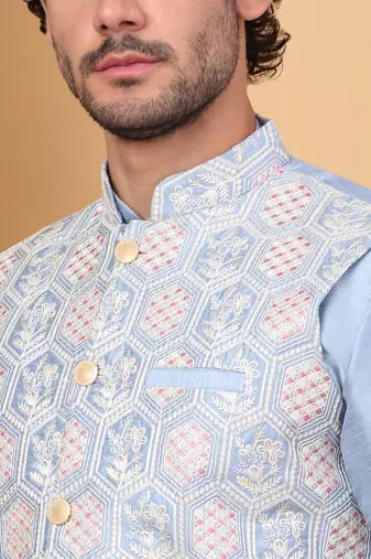 Silk blend sky blue kurta and churidar with embroidered light blue nehru jacket