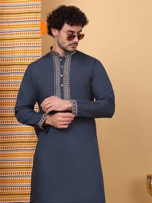 Men blue cotton silk ethnic motifs embroidered kurta 1
