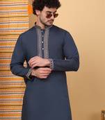 Men blue cotton silk ethnic motifs embroidered kurta