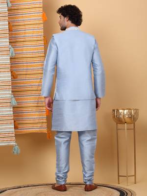 Silk blend sky blue kurta and churidar with embroidered light blue nehru jacket 3