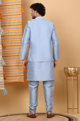Silk blend sky blue kurta and churidar with embroidered light blue nehru jacket