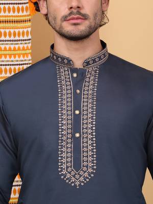 Men blue cotton silk ethnic motifs embroidered kurta 2