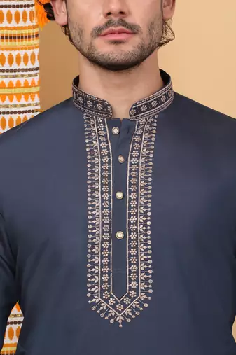 Men blue cotton silk ethnic motifs embroidered kurta