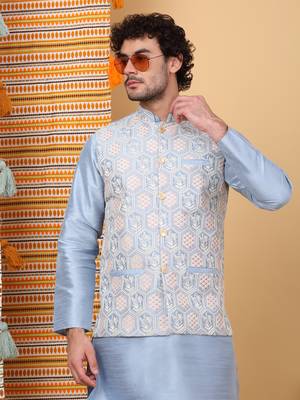 Silk blend sky blue kurta and churidar with embroidered light blue nehru jacket 4
