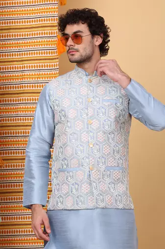 Silk blend sky blue kurta and churidar with embroidered light blue nehru jacket