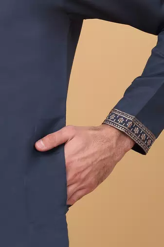 Men blue cotton silk ethnic motifs embroidered kurta
