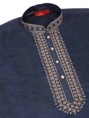 Men blue cotton silk ethnic motifs embroidered kurta 5
