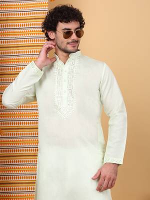 Men light green cotton silk ethnic motifs embroidered kurta 1