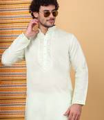 Men light green cotton silk ethnic motifs embroidered kurta