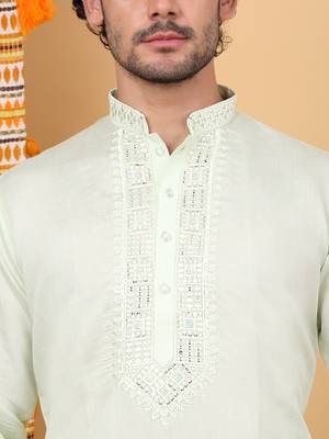 Men light green cotton silk ethnic motifs embroidered kurta 2