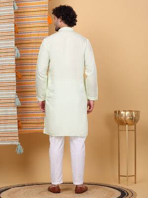Men light green cotton silk ethnic motifs embroidered kurta 3