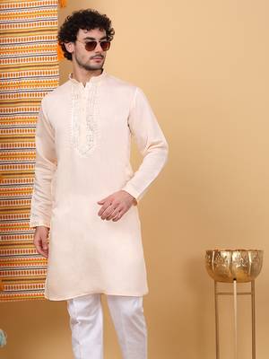 Men peach cotton silk ethnic motifs embroidered kurta 1