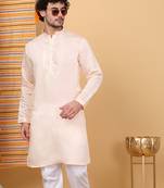 Men peach cotton silk ethnic motifs embroidered kurta
