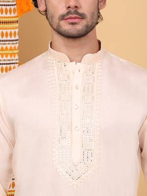 Men peach cotton silk ethnic motifs embroidered kurta 2