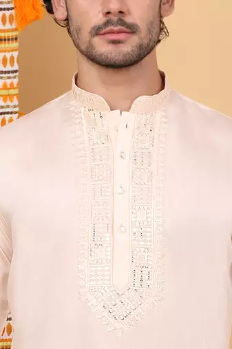 Men peach cotton silk ethnic motifs embroidered kurta