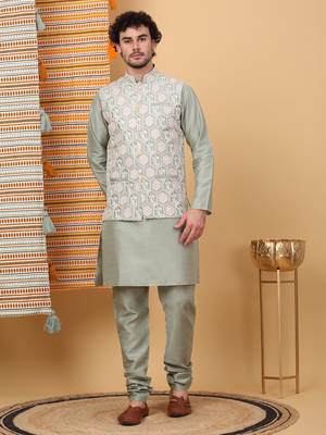 Silk blend olive green kurta and churidar with embroidered light green nehru jacket 1