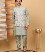 Silk blend olive green kurta and churidar with embroidered light green nehru jacket