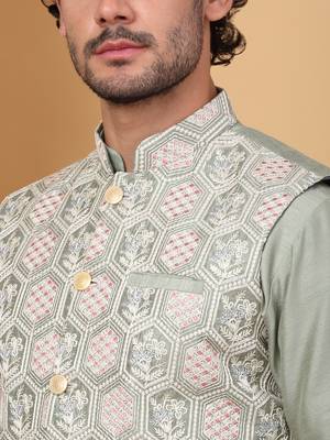 Silk blend olive green kurta and churidar with embroidered light green nehru jacket 2