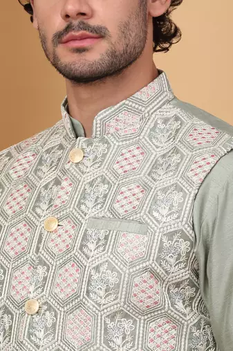 Silk blend olive green kurta and churidar with embroidered light green nehru jacket