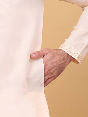Men peach cotton silk ethnic motifs embroidered kurta 4