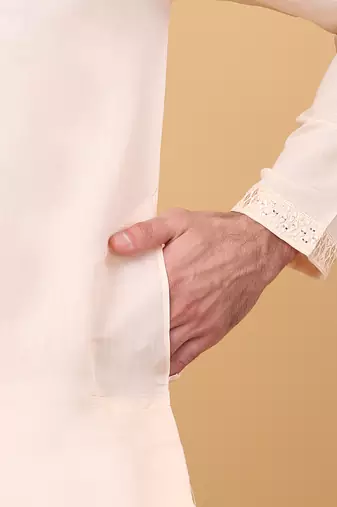 Men peach cotton silk ethnic motifs embroidered kurta