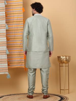 Silk blend olive green kurta and churidar with embroidered light green nehru jacket 3
